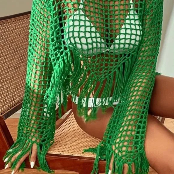 Crochet knit fringe trimmed top Swim coverupGreen - Picture 6 of 9